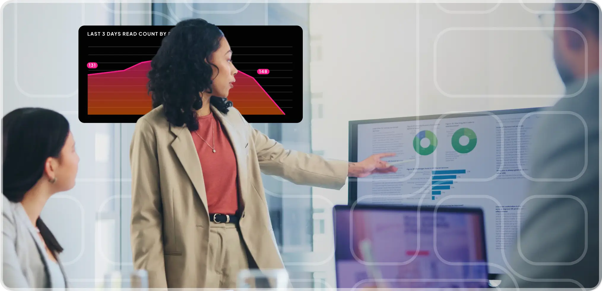 A business professional presenting data insights on a digital dashboard during a team meeting.