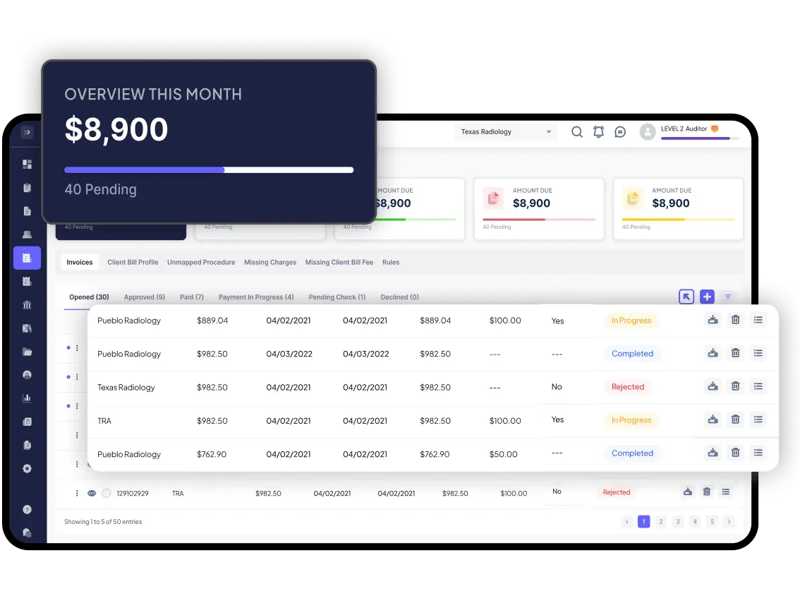 Billing and invoicing dashboard showing monthly revenue, pending payments, and invoice statuses