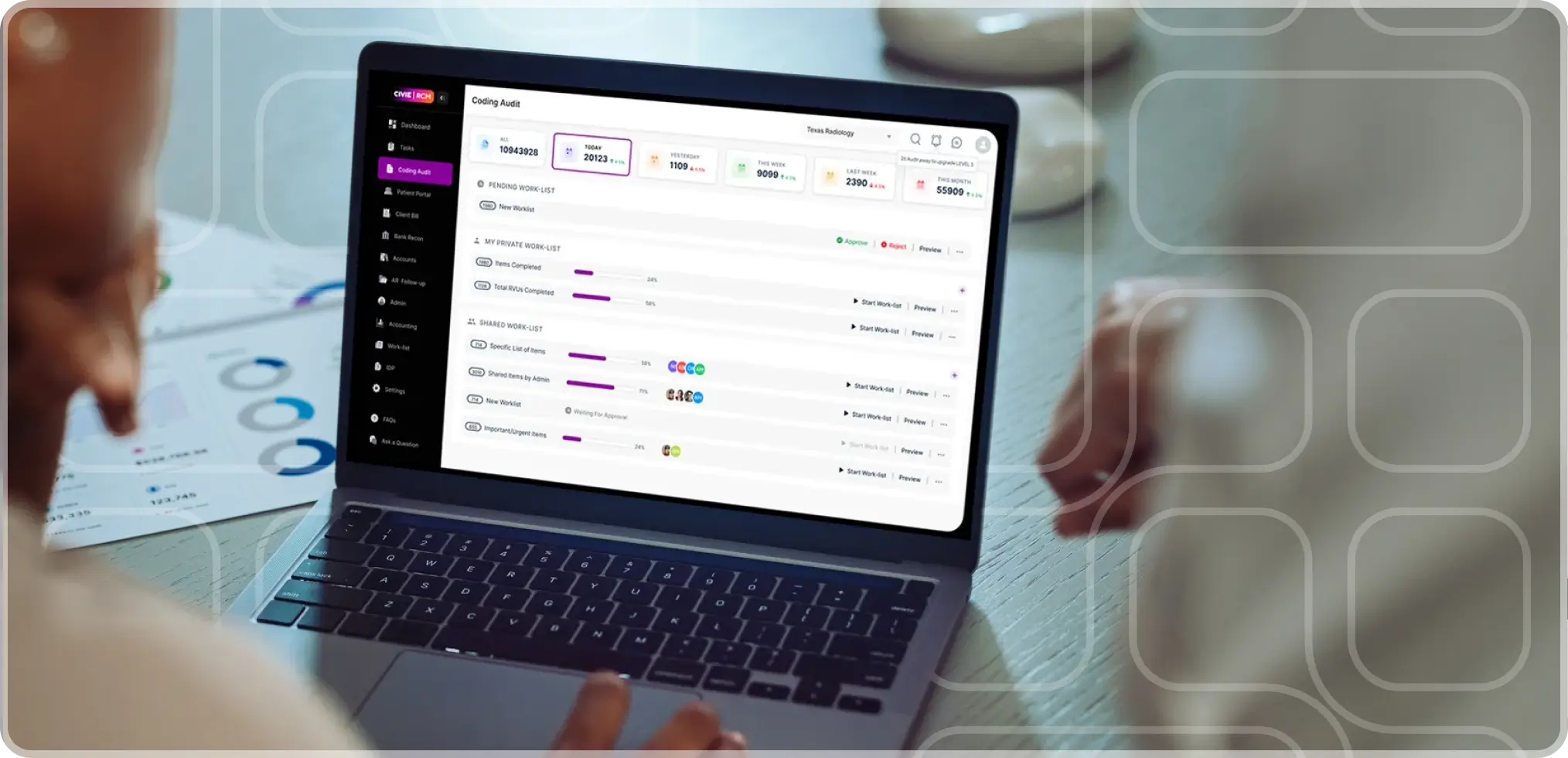A laptop displaying a coding audit dashboard with performance metrics and task lists.